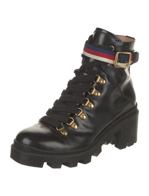 Gucci Sylvie Web Accent Patent Leather Combat Boots 